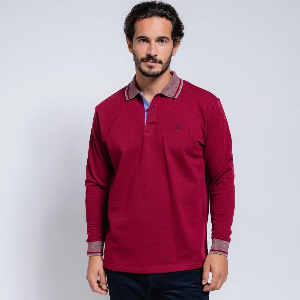 SMF Burgundy Knit Long Sleeve Button Up Knit Polo With Contrast Collar And Cuff